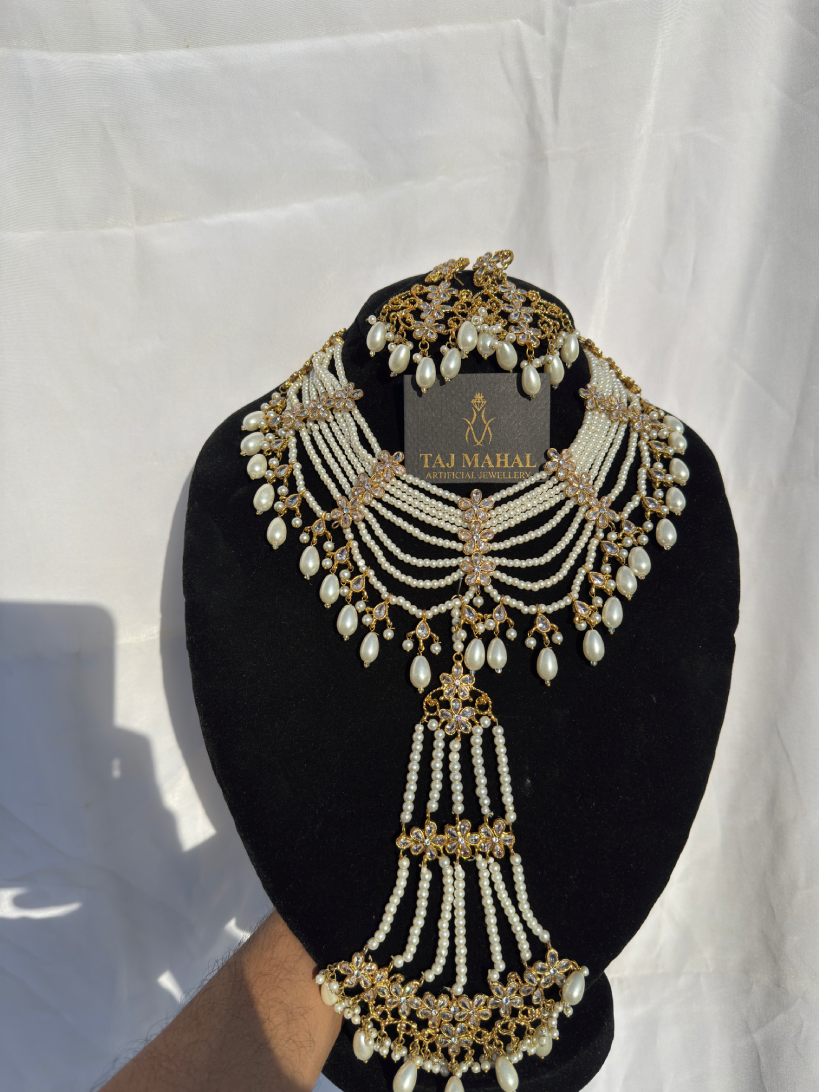 Royal necklace mother of preal bridal set necklace earrings tikka or jhumar - Image 5