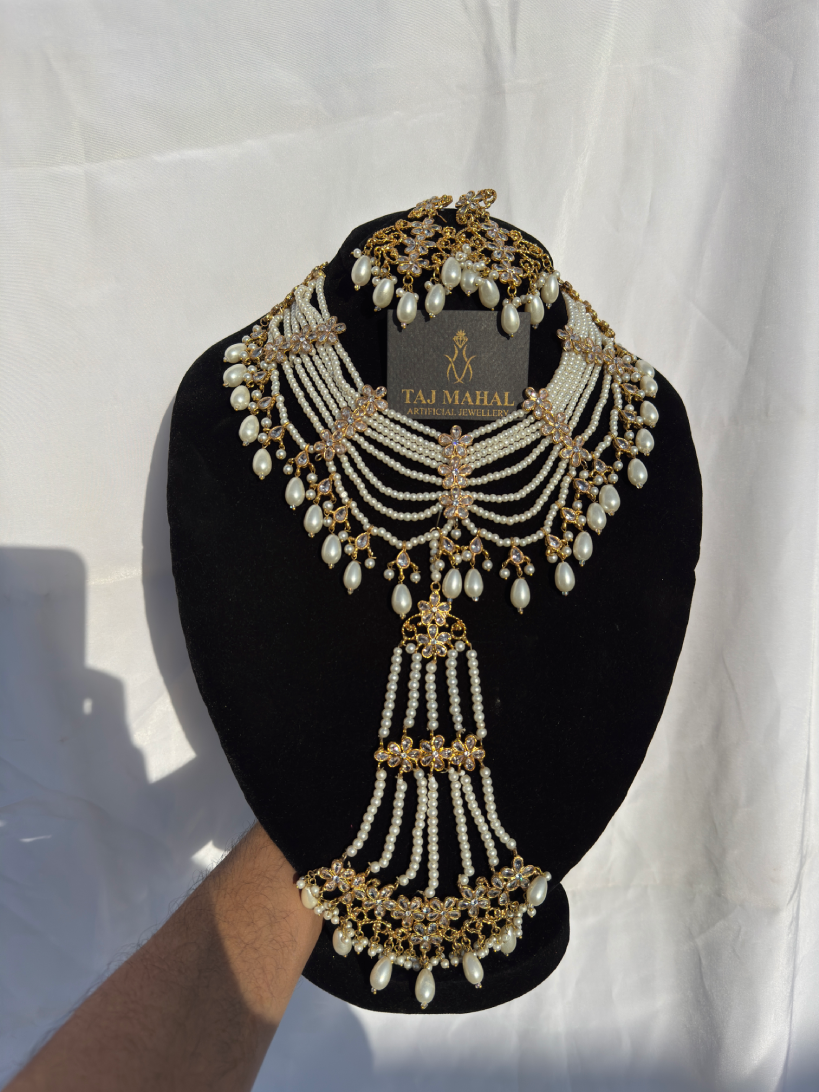 Royal necklace mother of preal bridal set necklace earrings tikka or jhumar - Image 4
