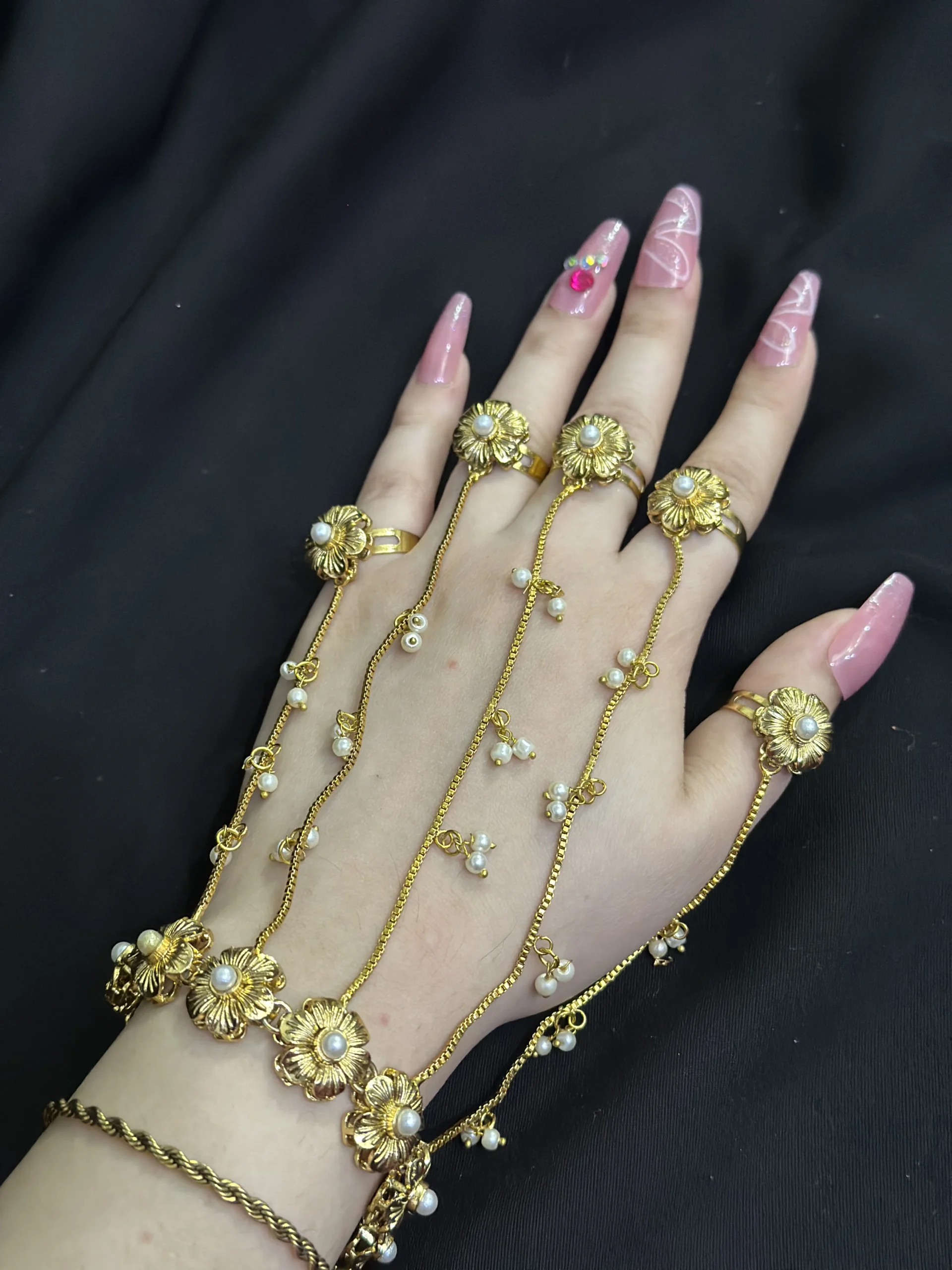Floral Gold-Plated "Hathphool" Hand Harness with Pearl Droplets.