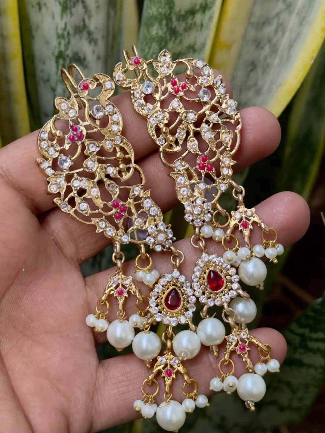 The Maya Radiance Earcuffs Ruby-Studded Sahare Earrings with Pearl Droplets