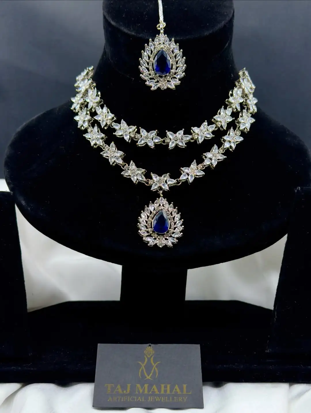 The Sapphire Star Ensemble Multi-Layered Silver Choker with Royal Blue Tear-Drop Accents - Image 2