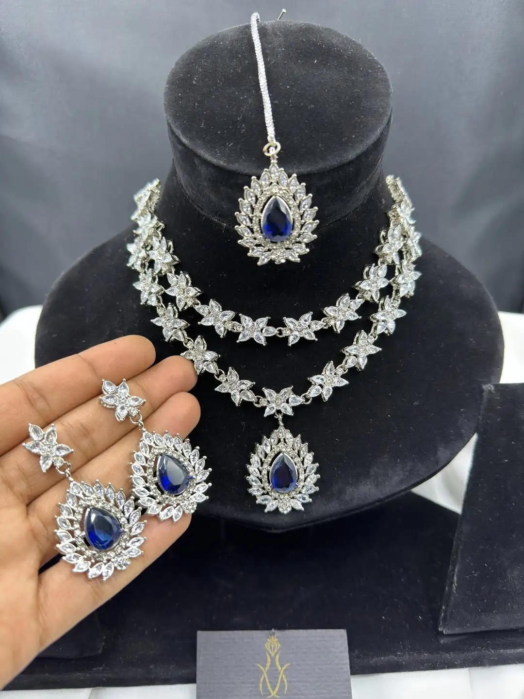 The Sapphire Star Ensemble Multi-Layered Silver Choker with Royal Blue Tear-Drop Accents