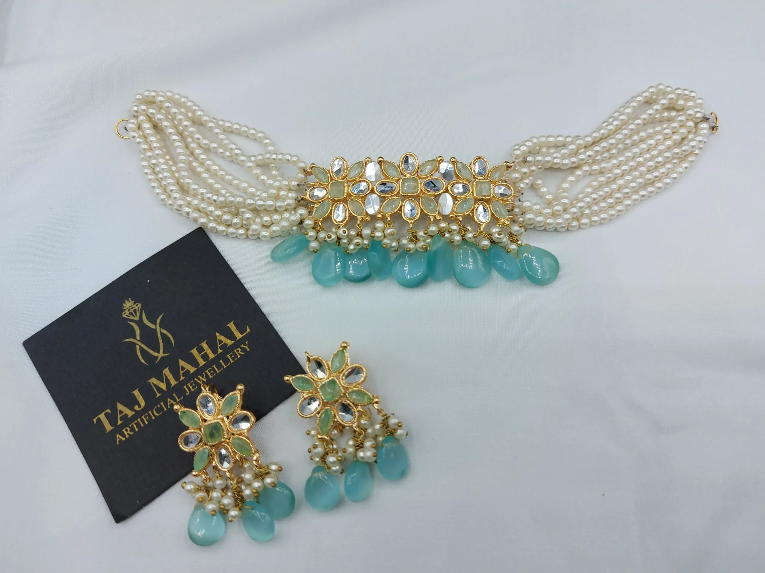 Taj Mahal Signature Mint Green Pearl Choker Set – Handcrafted Kundan & Seafoam Bead Jewelry
