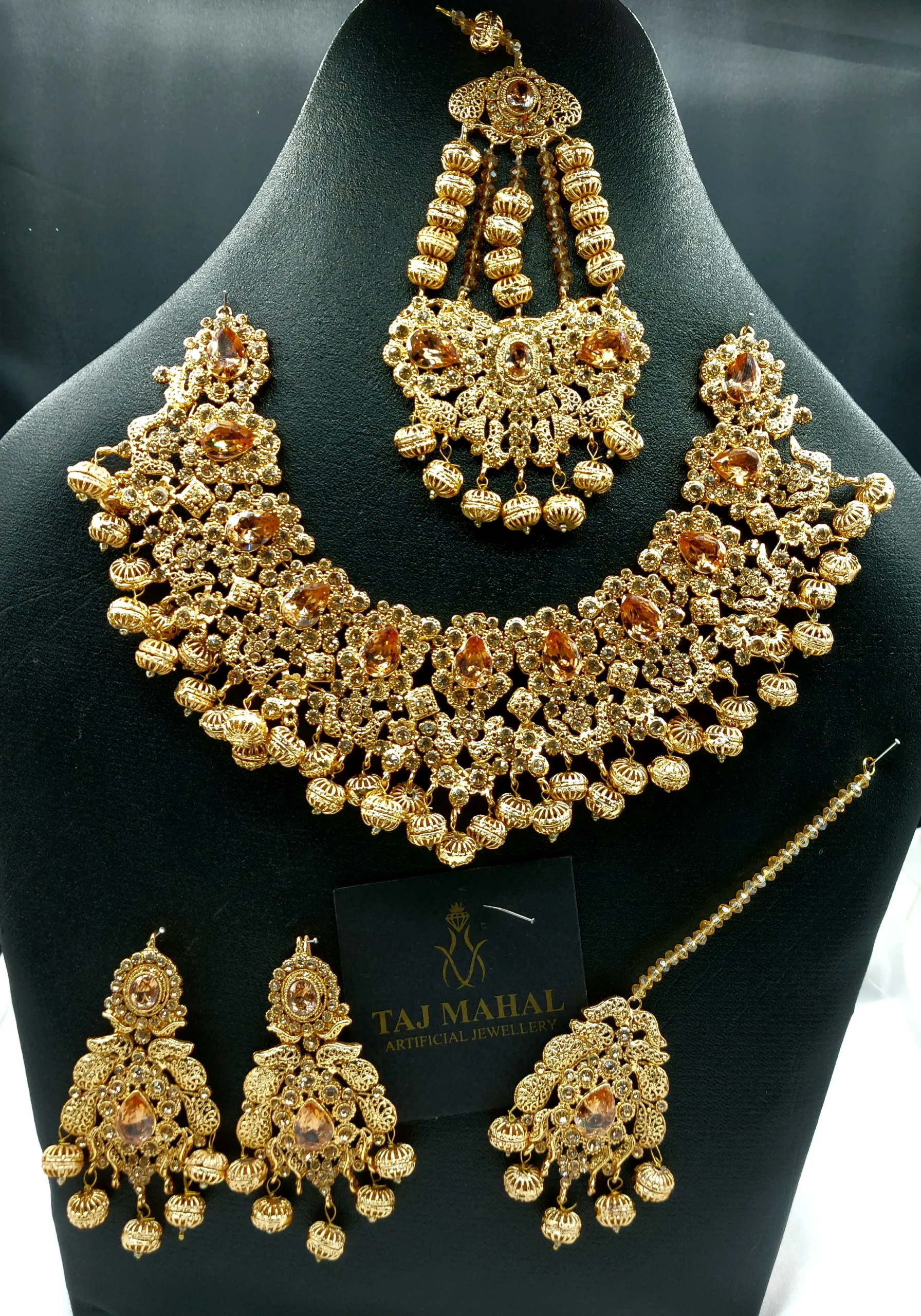 Grand Champagne Gold Bridal Necklace Set – Luxury Antique Collection with Jhumar & Tikka