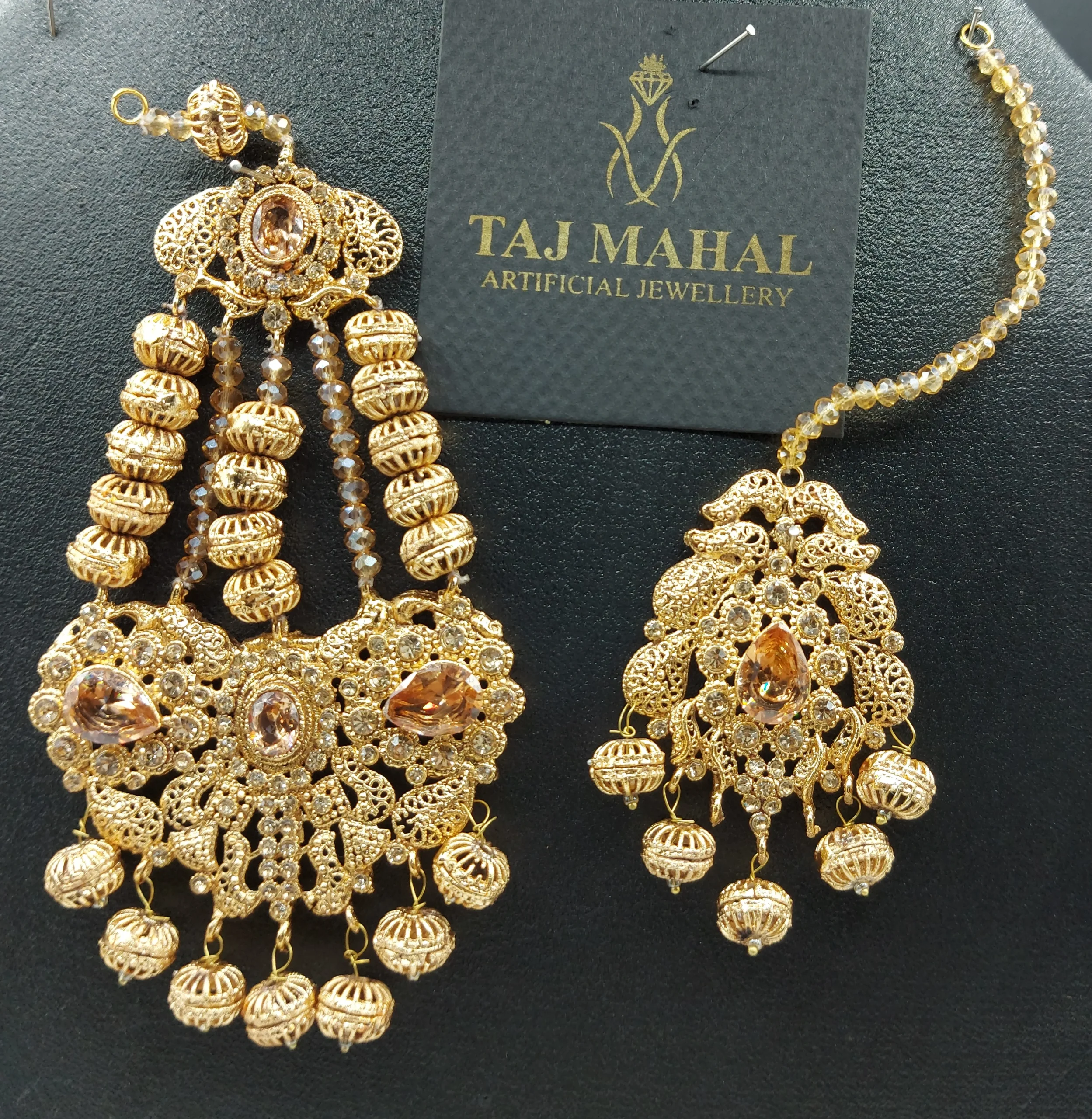 Luxury Champagne Gold Jhumar & Maang Tikka Set – Antique Gold Bridal Head Jewelry