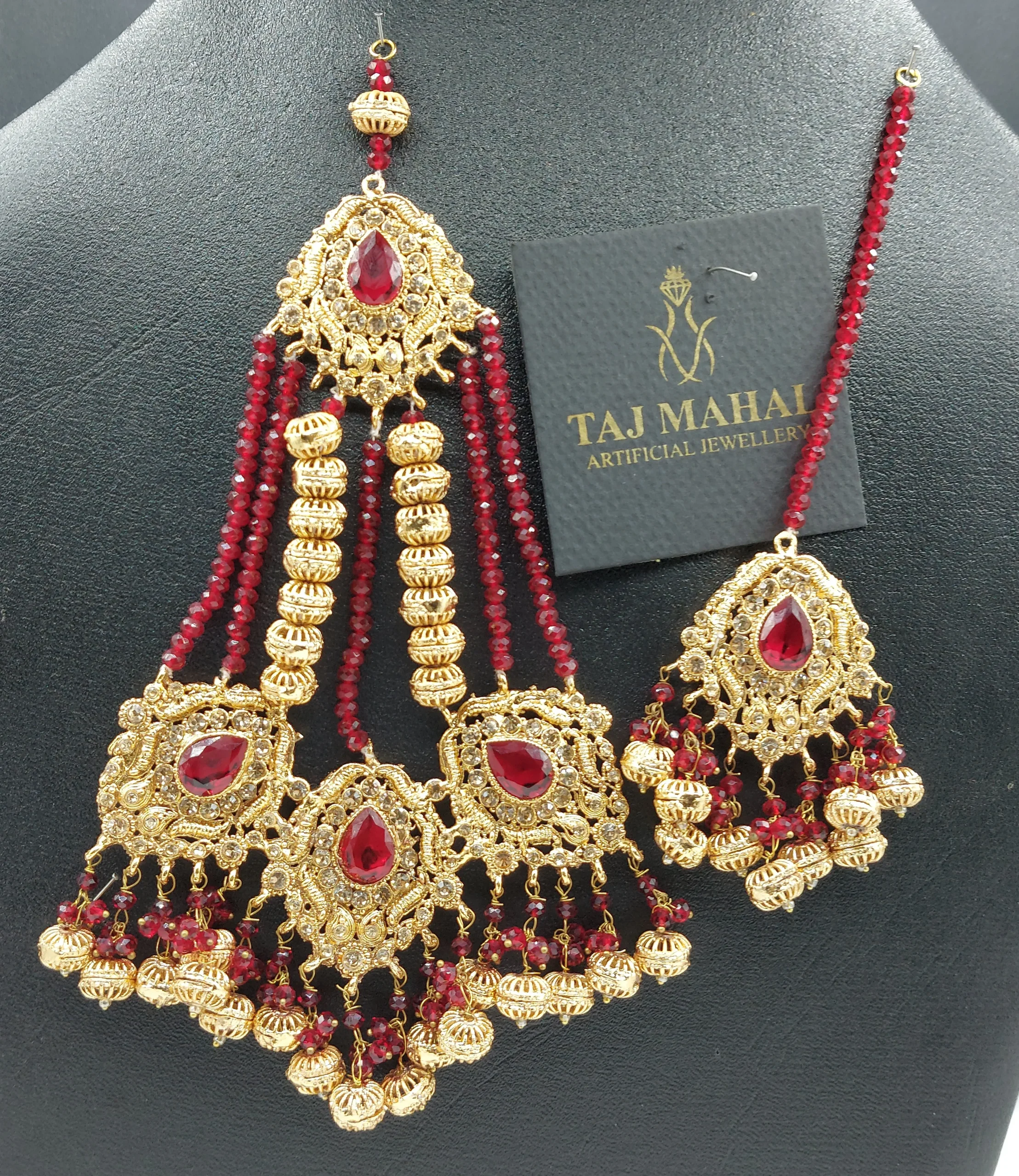 Royal Antique Gold Jhumar & Maang Tikka Set with Ruby Maroon Beads – Traditional Bridal Headwear