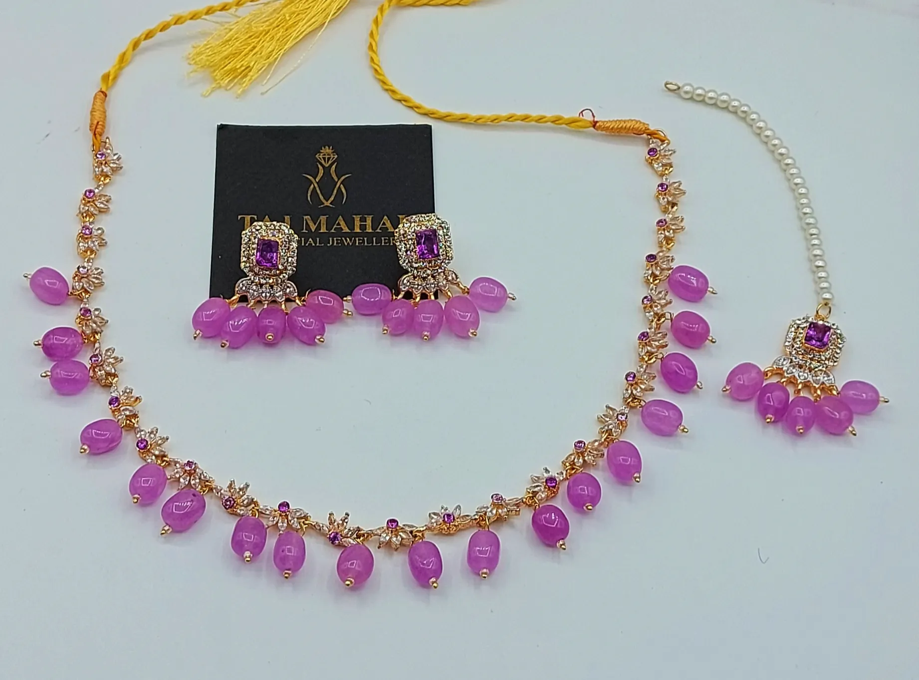 Elegant Gold-Plated Purple Stone Necklace Set with Maang Tikka & Earrings – Minimalist Party Wear